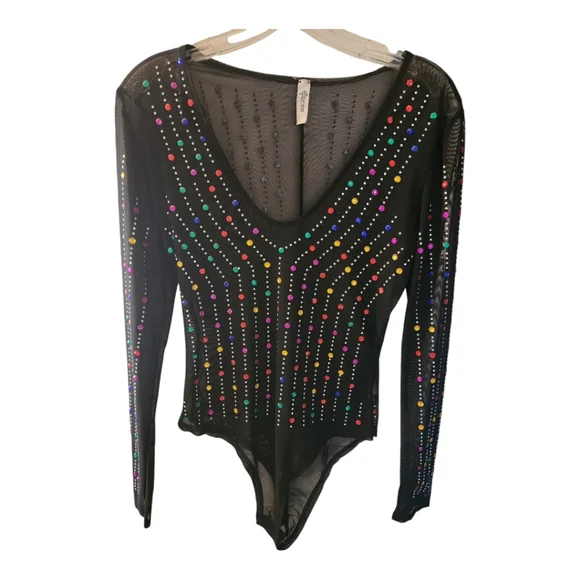 Sheer Black Rainbow Rhinestone bodysuit - Picture 3 of 3